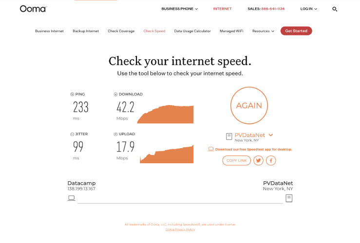 A page on Ooma's website showing the text "Check your internet speed" and numbers indicating upload and download speeds, ping, and jitter