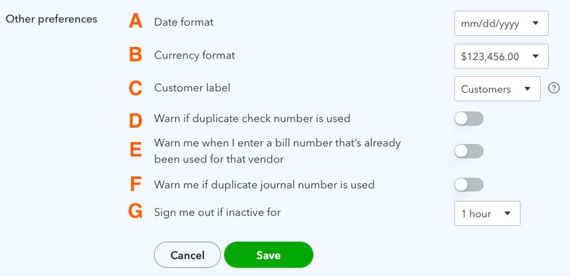 Screen where you can adjust additional QuickBooks preferences, like date and currency formats