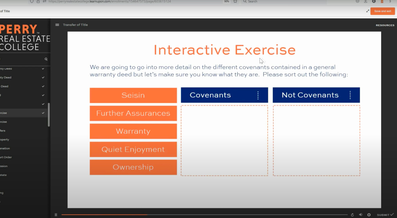 Perry Real Estate College interactive exercise screenshot.