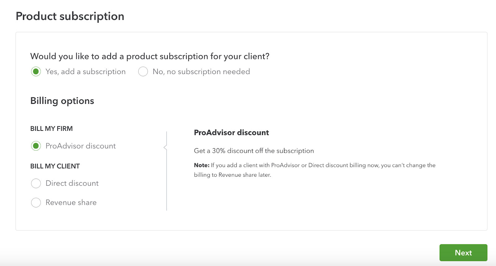 Product subscription section where you can select the discount option for a client in QuickBooks Online Accountant.