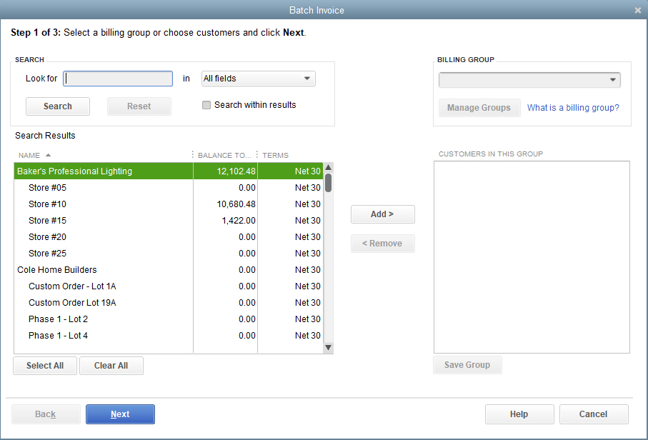 Screen where you can select customers to batch-invoice in QuickBooks Contractor.