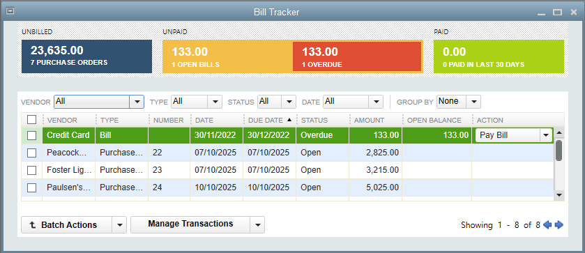 Bill tracker in QuickBooks Contractor showing details like vendors, bill types, and due dates.