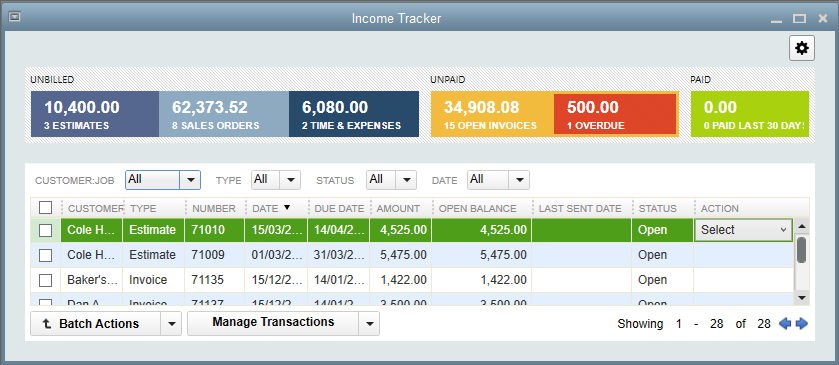 Income tracker in QuickBooks Contractor showing details like transaction types and open balance.