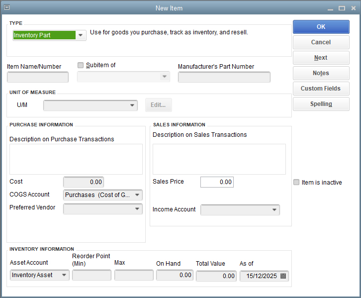 Screen where you can add a new inventory item in QuickBooks Contractor.