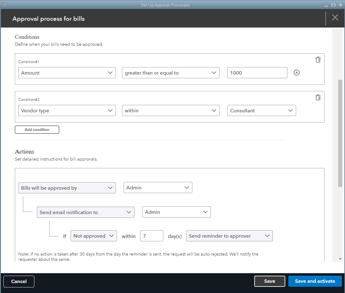 Screen where you can set up a new bill approval workflow in QuickBooks Enterpriese.