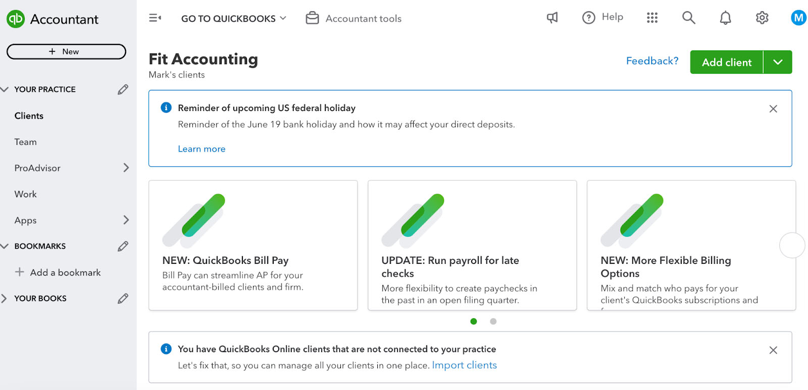 QuickBooks Online Accountant dashboard showing sections like the left-side menu and the Add client button.
