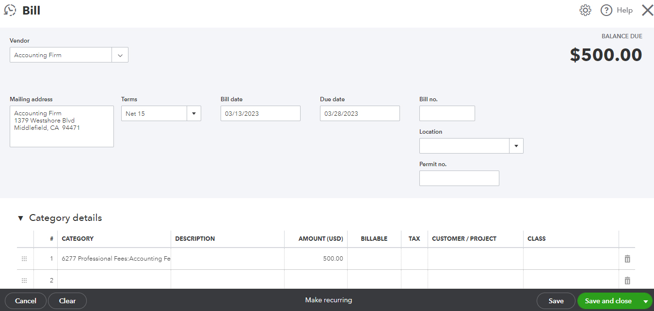 Screen where you can add a new bill in QuickBooks Online.