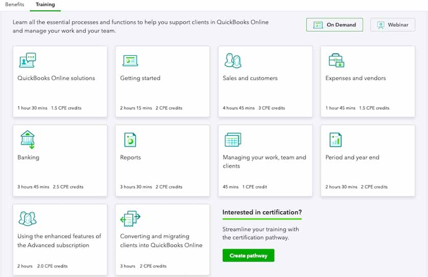 QuickBooks Online certification modules, including QuickBooks Online Solutions, Getting Started, and more.