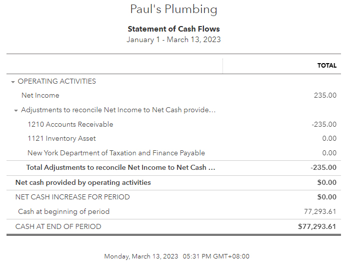 Sample cash flow statement in QuickBooks Online showing data like operating activities and cash-at-end period.