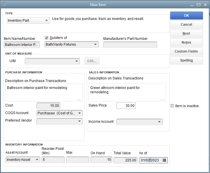Screen where you can record a new inventory item in QuickBooks Desktop Pro.