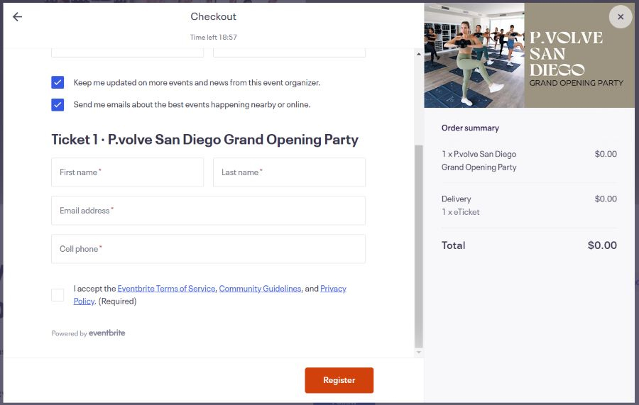 A screenshot of the RSVP form for a San Deigo gym's grand opening party.