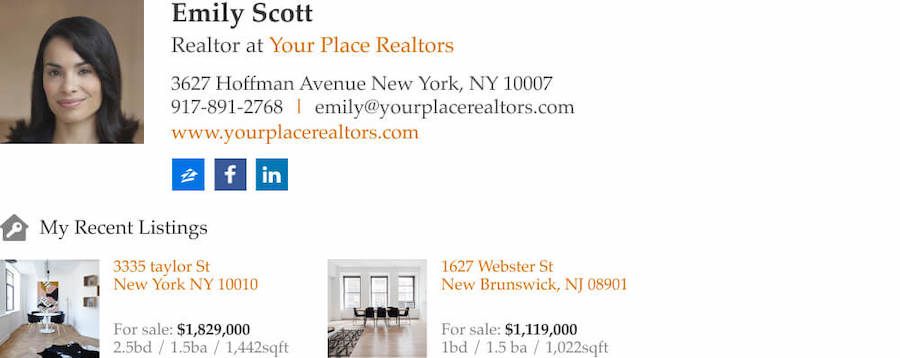 email signature for a realtor featuring links to listings