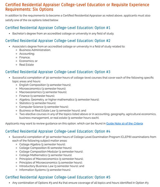 Required education options for certified residential appraisers