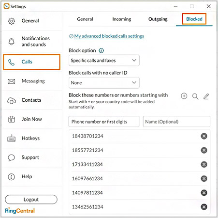 RingCentral's advanced call blocking interface where the calls category is highlighted.