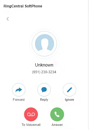 RingCentral softphone application interface showing an unknown incoming caller and action options