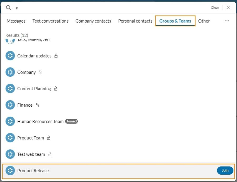 Screenshot of RingCentral Groups & Teams chat list.