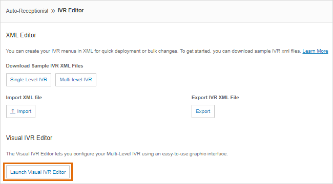 RingCentral's IVR editor where administrators can download samples and upload files