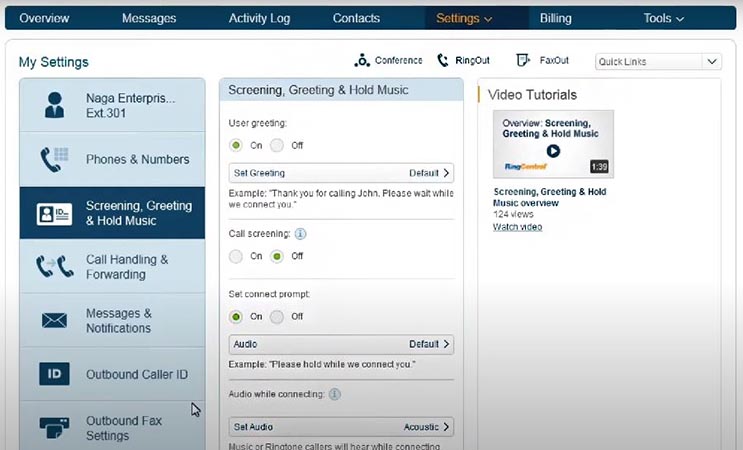 RingCentral's dashboard for customizing call screening settings