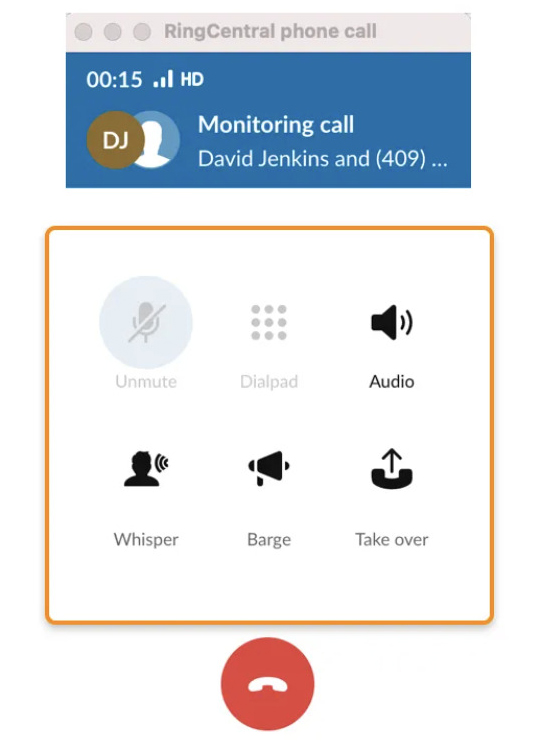 RingCentral's keypad for call monitoring includes the options to whisper, barge, and take over.