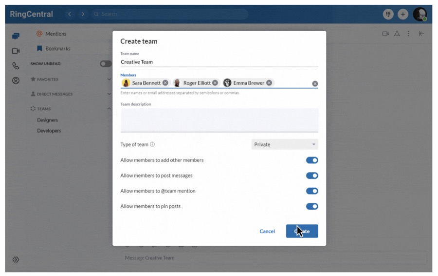 Fill in boxes in RingCentral's interface for creating a group in team messaging.