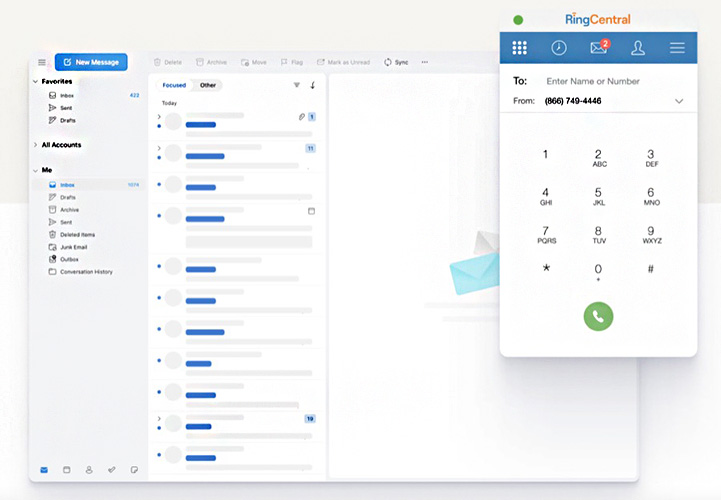 Graphic of RingCentral's interface integration with Microsoft showing an email dashboard with a RingCentral phone pad.