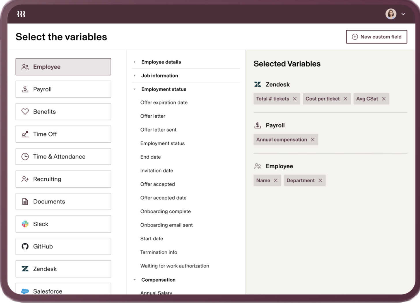 Software reporting dashboard showing different options.