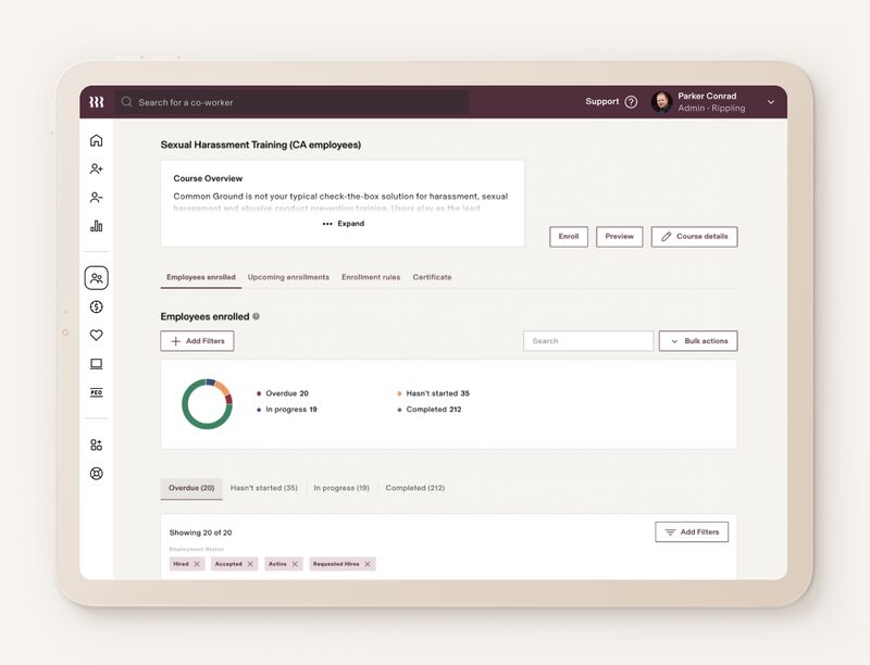 course overview information for sexual harassment training showing employees enrolled and status of completion