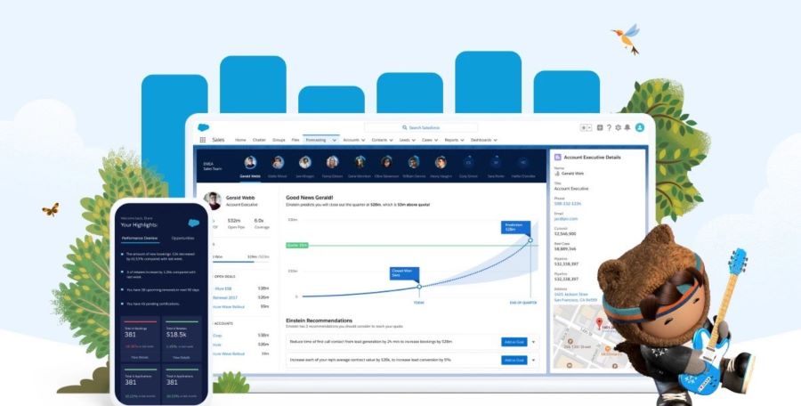 A mobile device and computer screen showing Salesforce CRM Analytics with Einstein insights and recommendations.