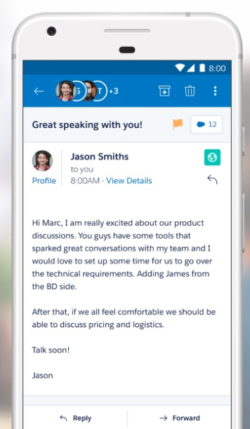 Viewing an email in Salesforce mobile.