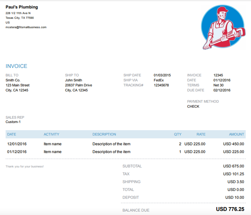 A sample invoice template in QuickBooks which includes a company logo.