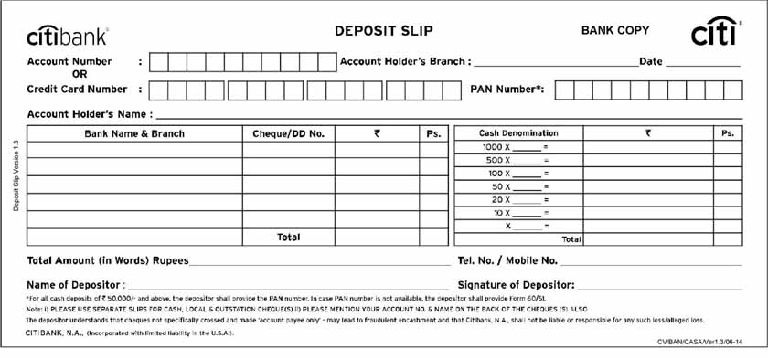An example of a blank Citibank deposit slip.