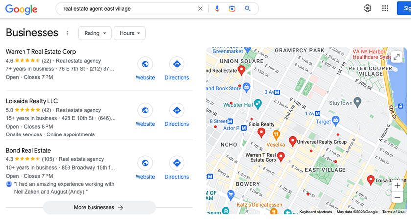 Google results for search "real estate agent East Village"