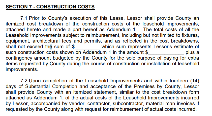 Sample cost section from leasehold improvement agreement.