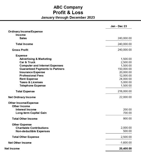 Profit and loss statement for ABC Company for the tax year 2023