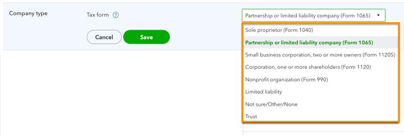 Screen where you can select your company type in QuickBooks Online