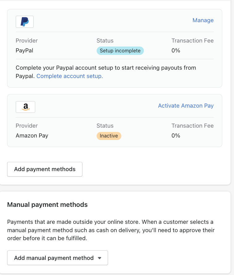 Shopify add PayPal payment options.