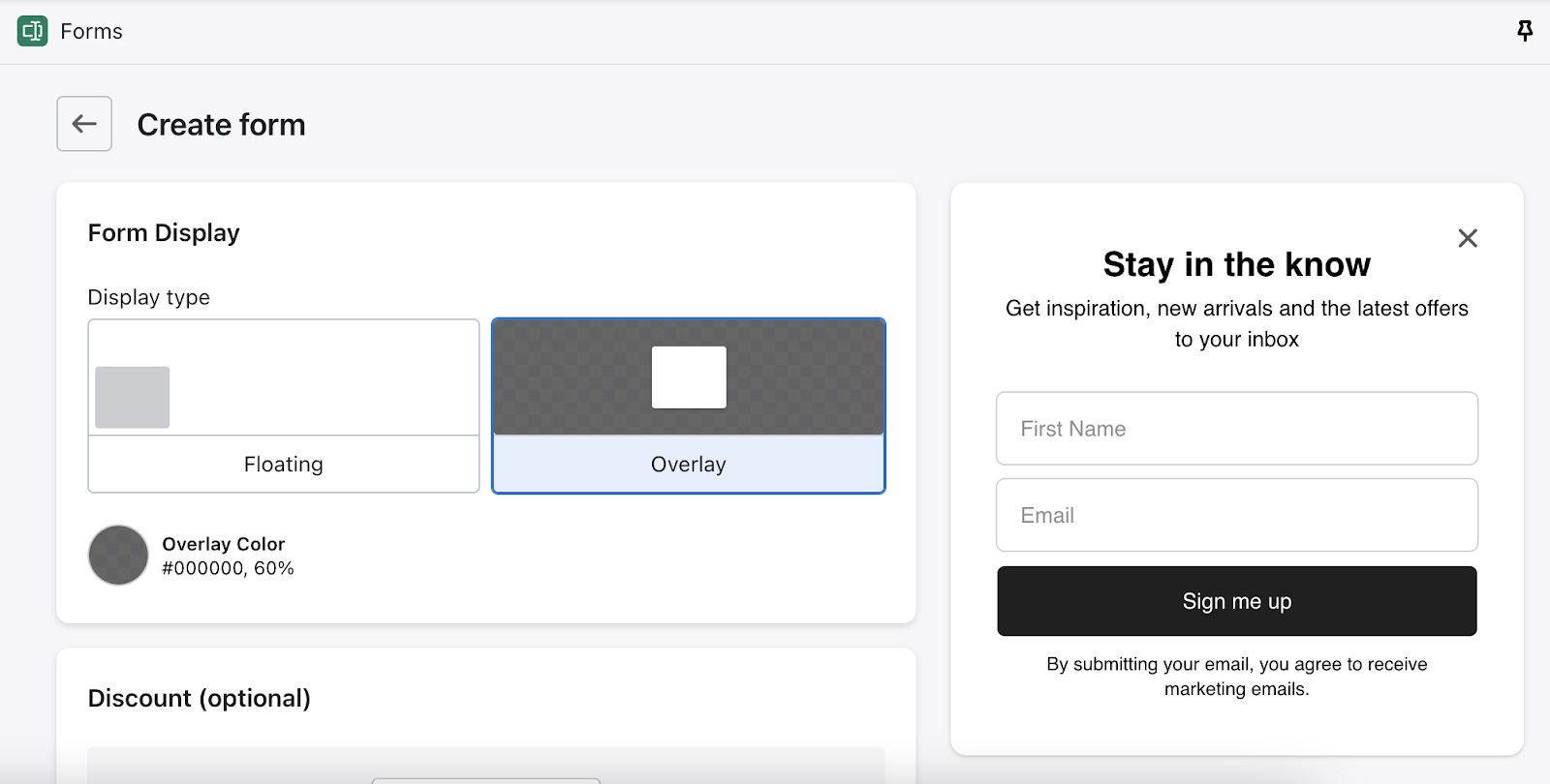 Setting up Shopify forms create an email capture form.
