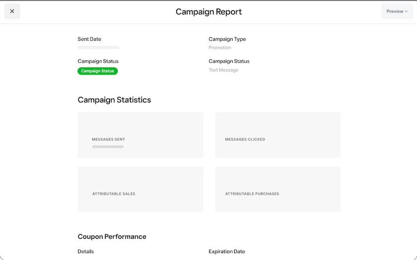Square Campaign report page with text campaign analytics and reports.