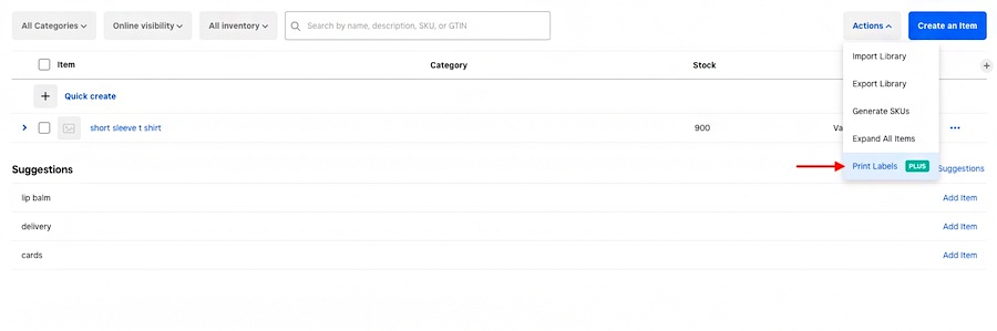 Square inventory management catalog with arrow pointing to Print Labels feature.