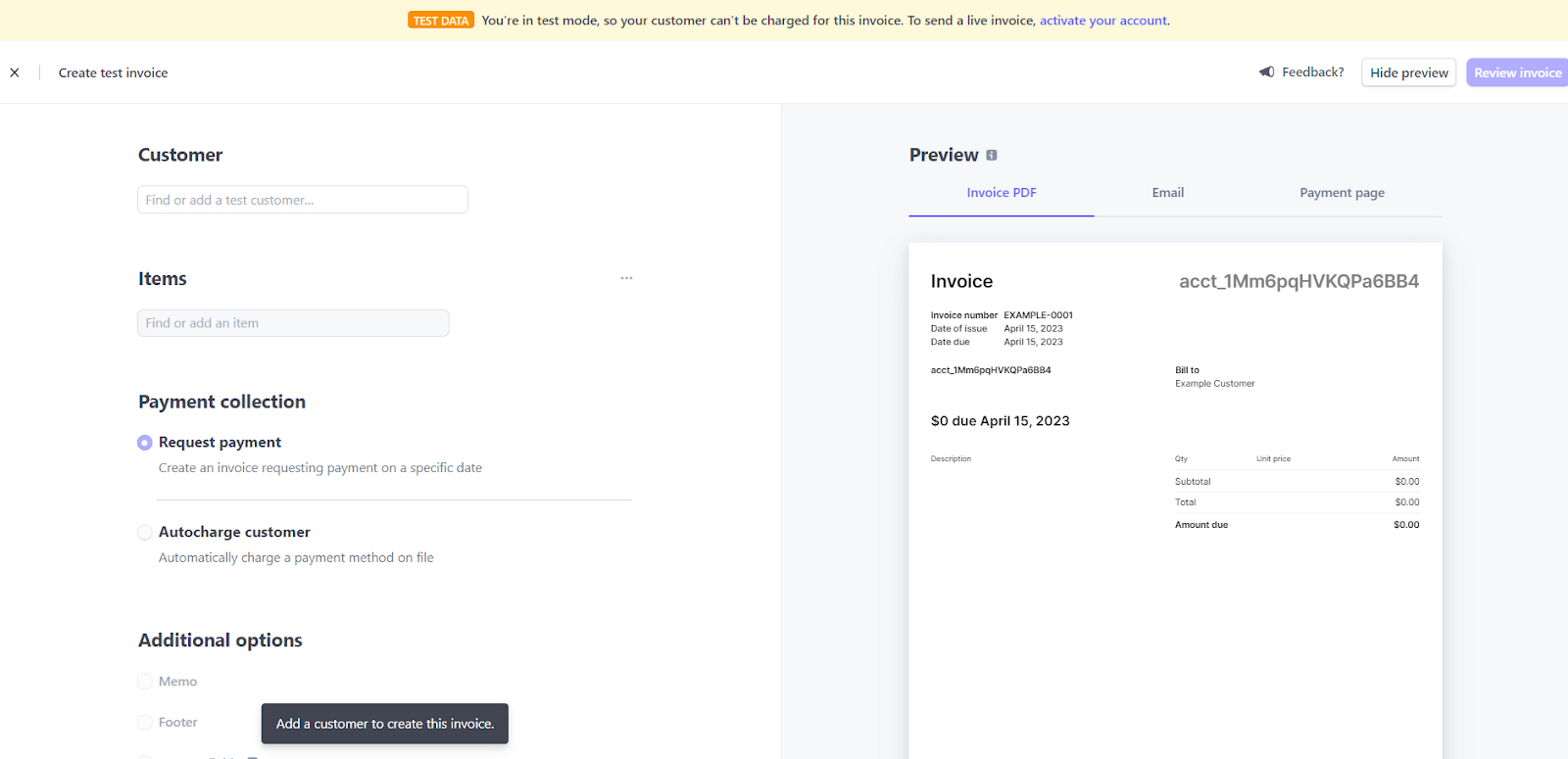 Stripe Dashboard invoice creation page.