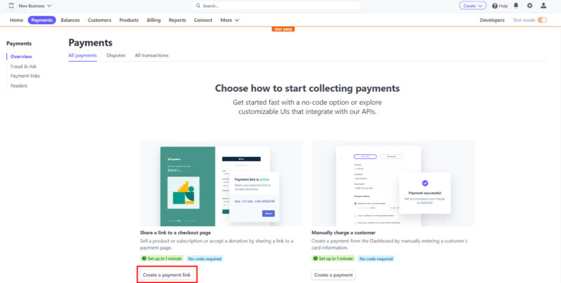 Stripe Dashboard with create a payment link button.