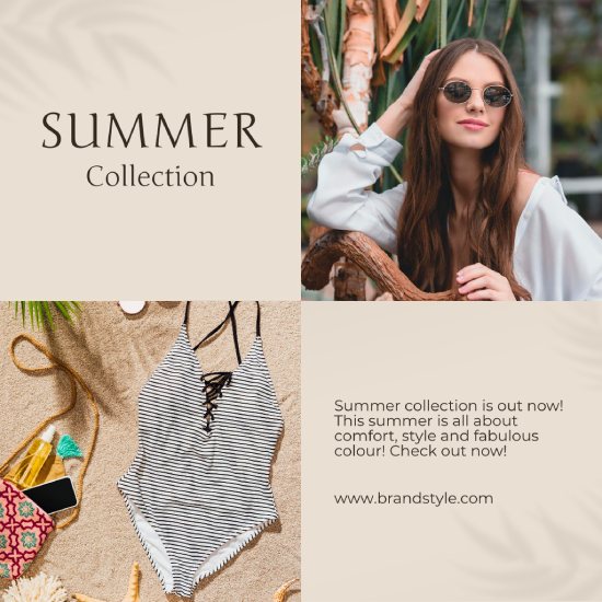 Summer collection ad for a beachy apparel company, with four quadrants with text and bathing suit product pictures.