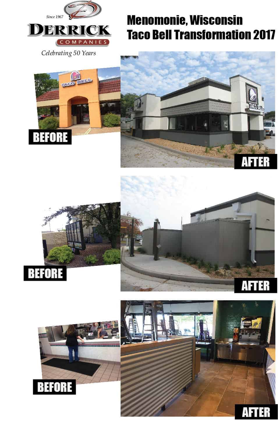 Before and after commercial improvements made to a Taco Bell restaurant.
