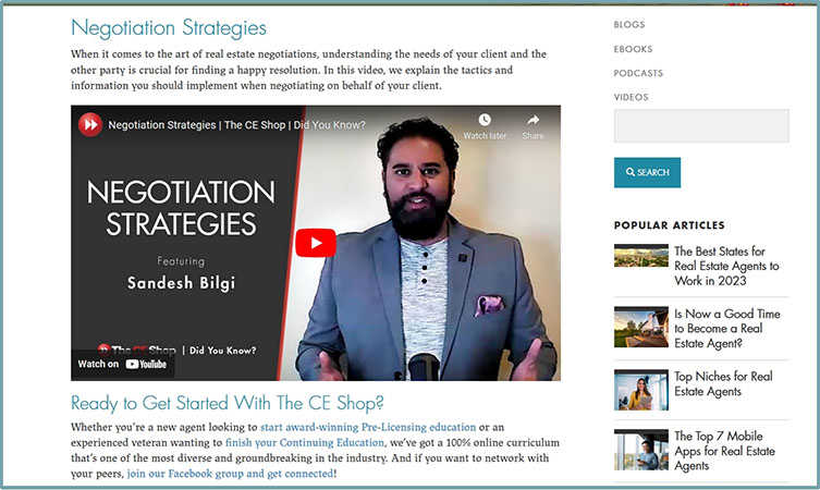 Screenshot of a video on negotiation strategies from the CE Shop Agent Essentials library.