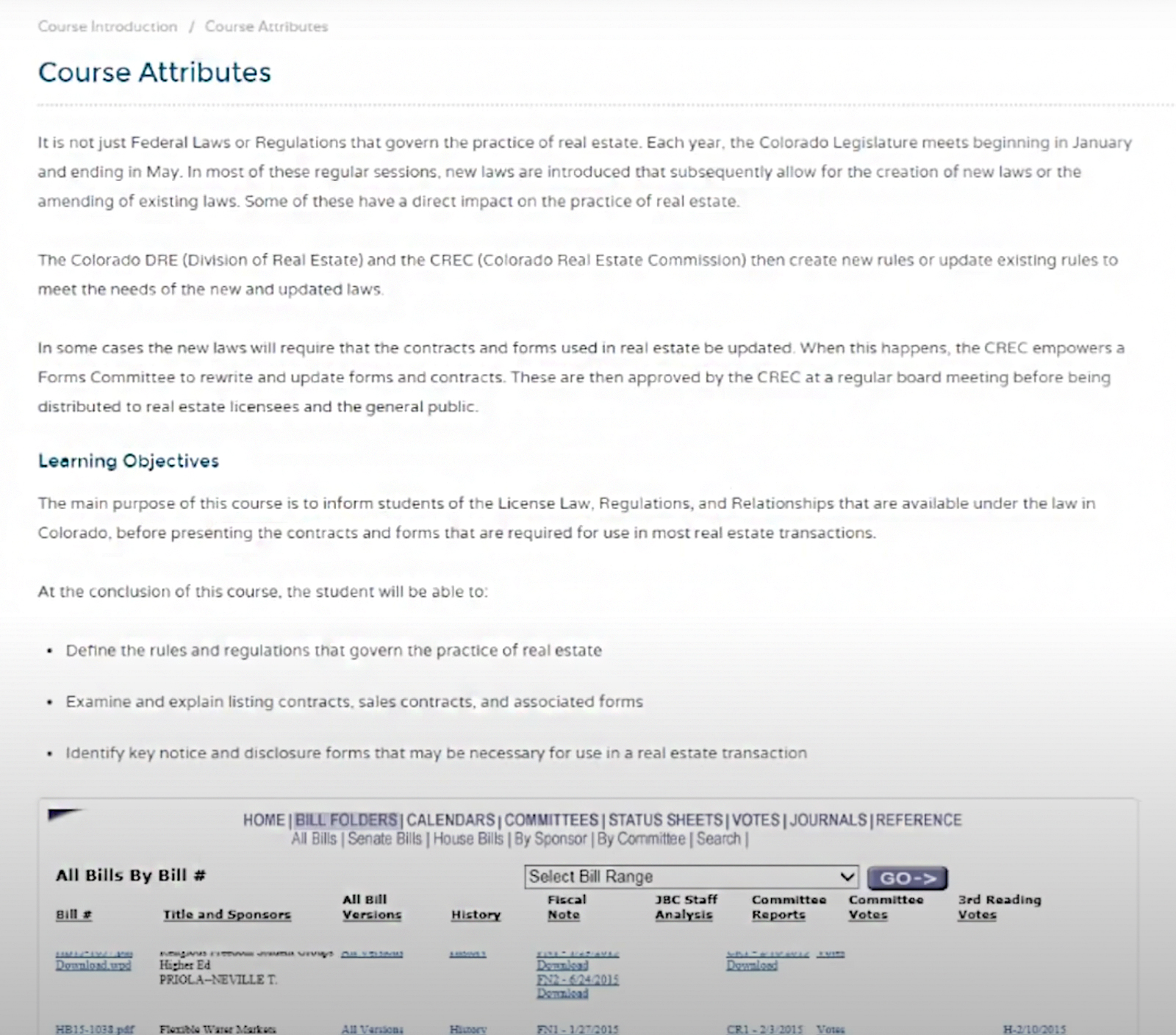 Van Education Center student dashboard with title "course attributes".