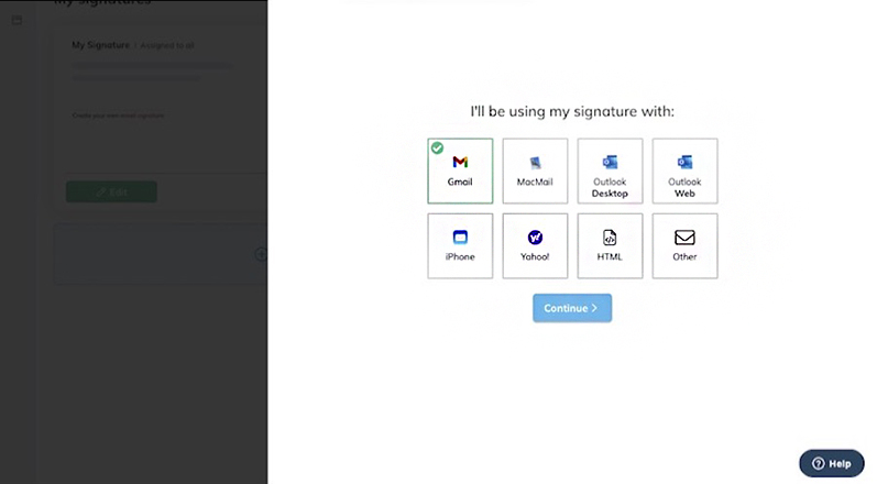 WiseStamp prompt to connect an email signature with an email provider