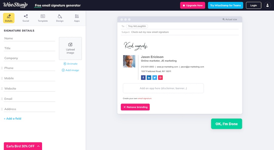 WiseStamp's email signature generator with signature detail fields