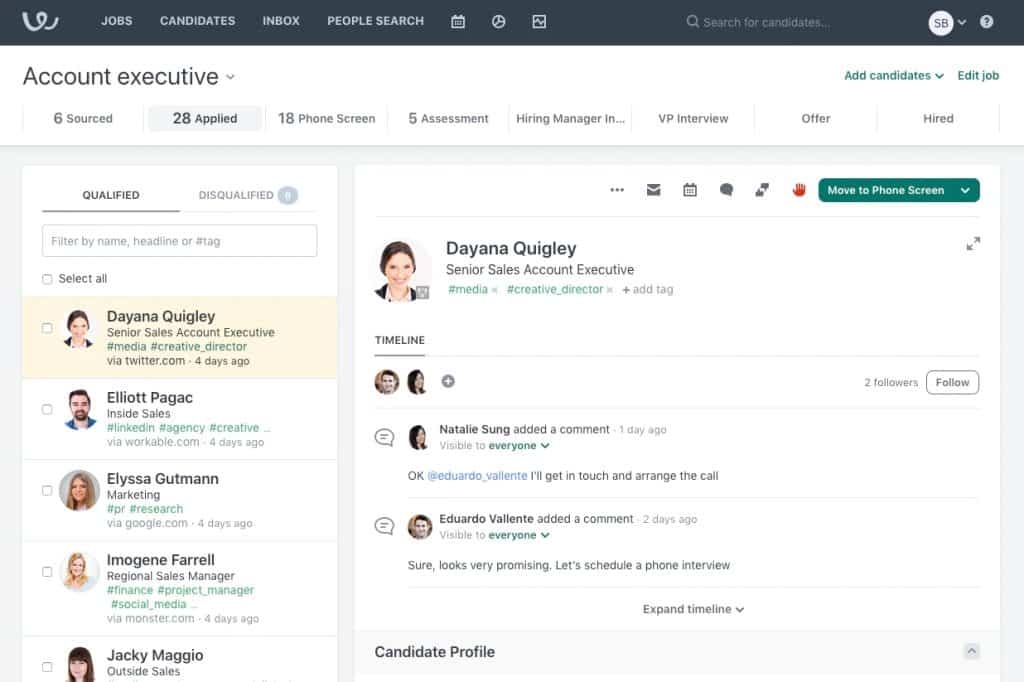 Hiring team members in Workable, where you can leave leave note on candidates’ timelines.