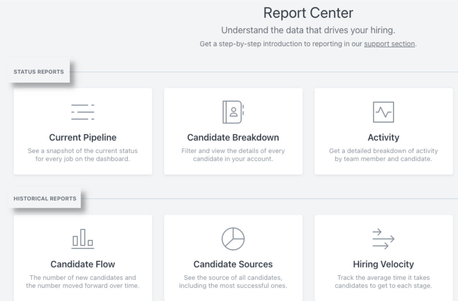 Software interface showing Report Center and various reporting options.