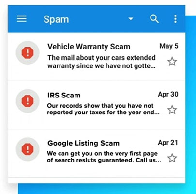 Display of YouMail spam folder showing scam messages